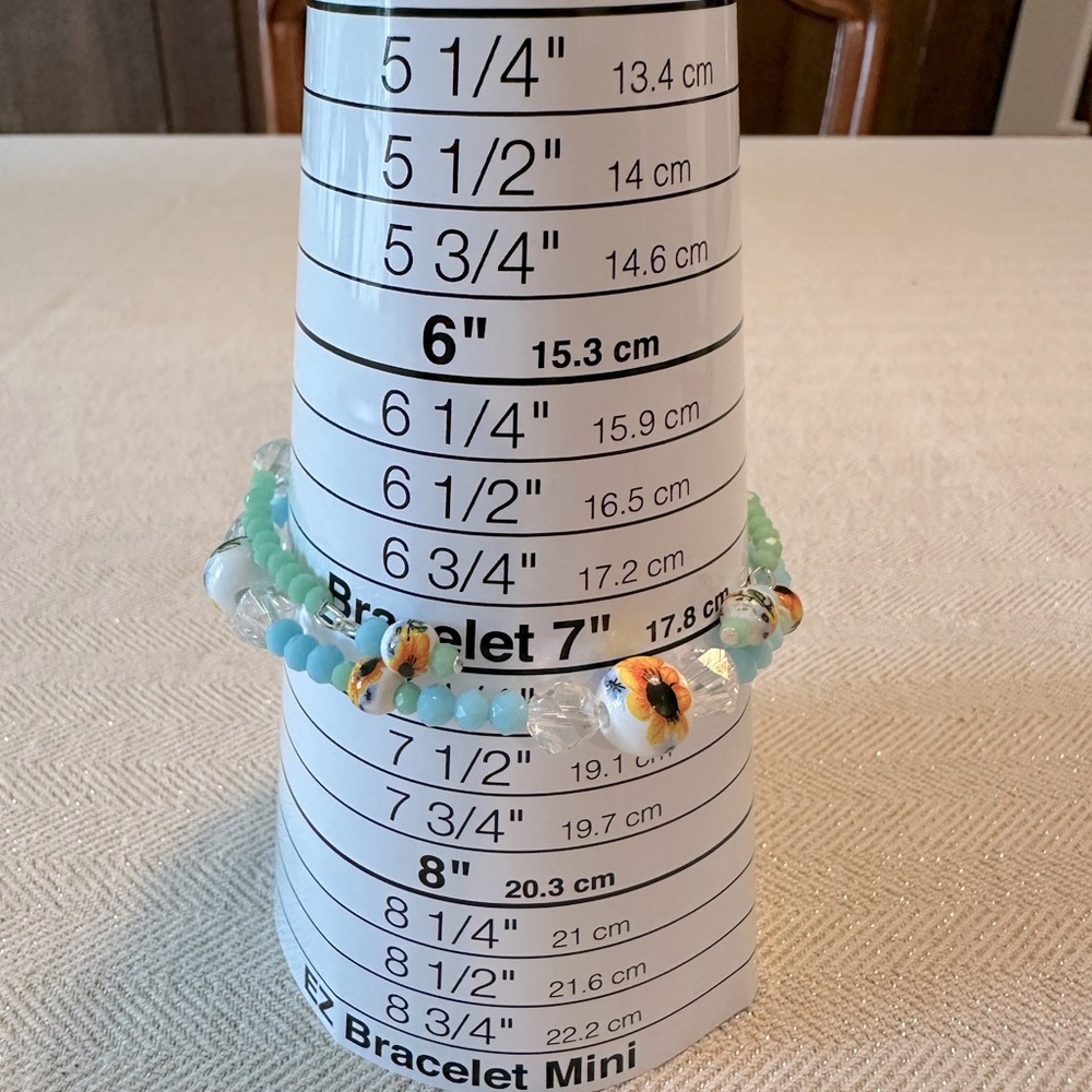 Handmade Set of 2 Memory Wire Bracelet Dangle Earrings Sunflower Turquoise Blue - Picture 9 of 10